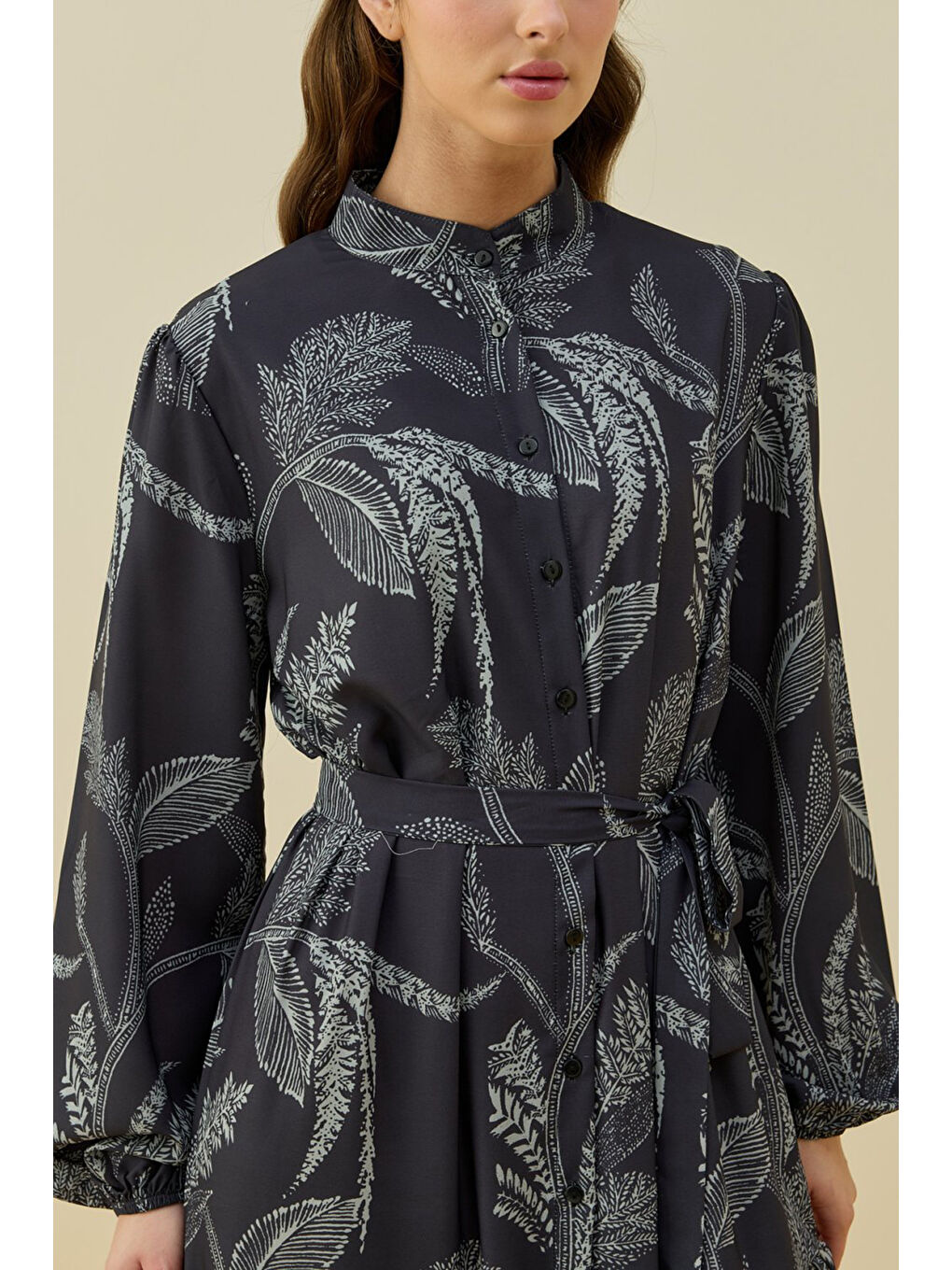 Etek Ucu Fırfır Detay Desenli Düğmeli Estope Elbise 1659 Siyah-2