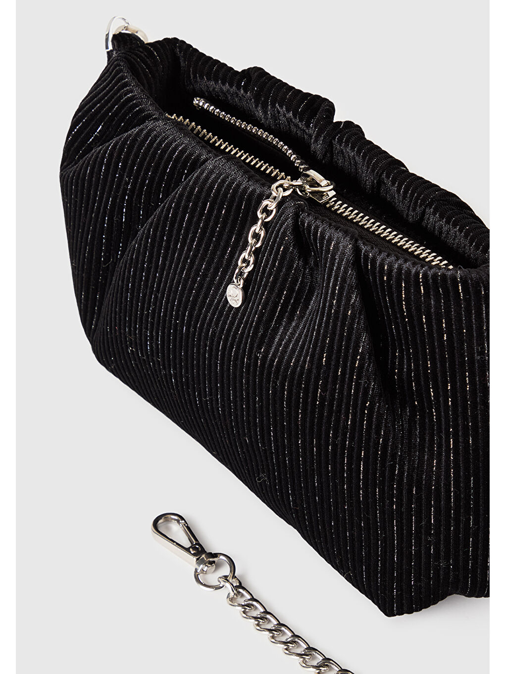 Kadın Siyah Simli Zincir Askılı Kadife Clutch Çanta-2