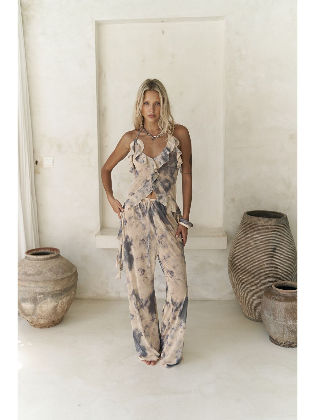 Sulliven Fırfır Detay Sarı Crop Pantolon Takım-4