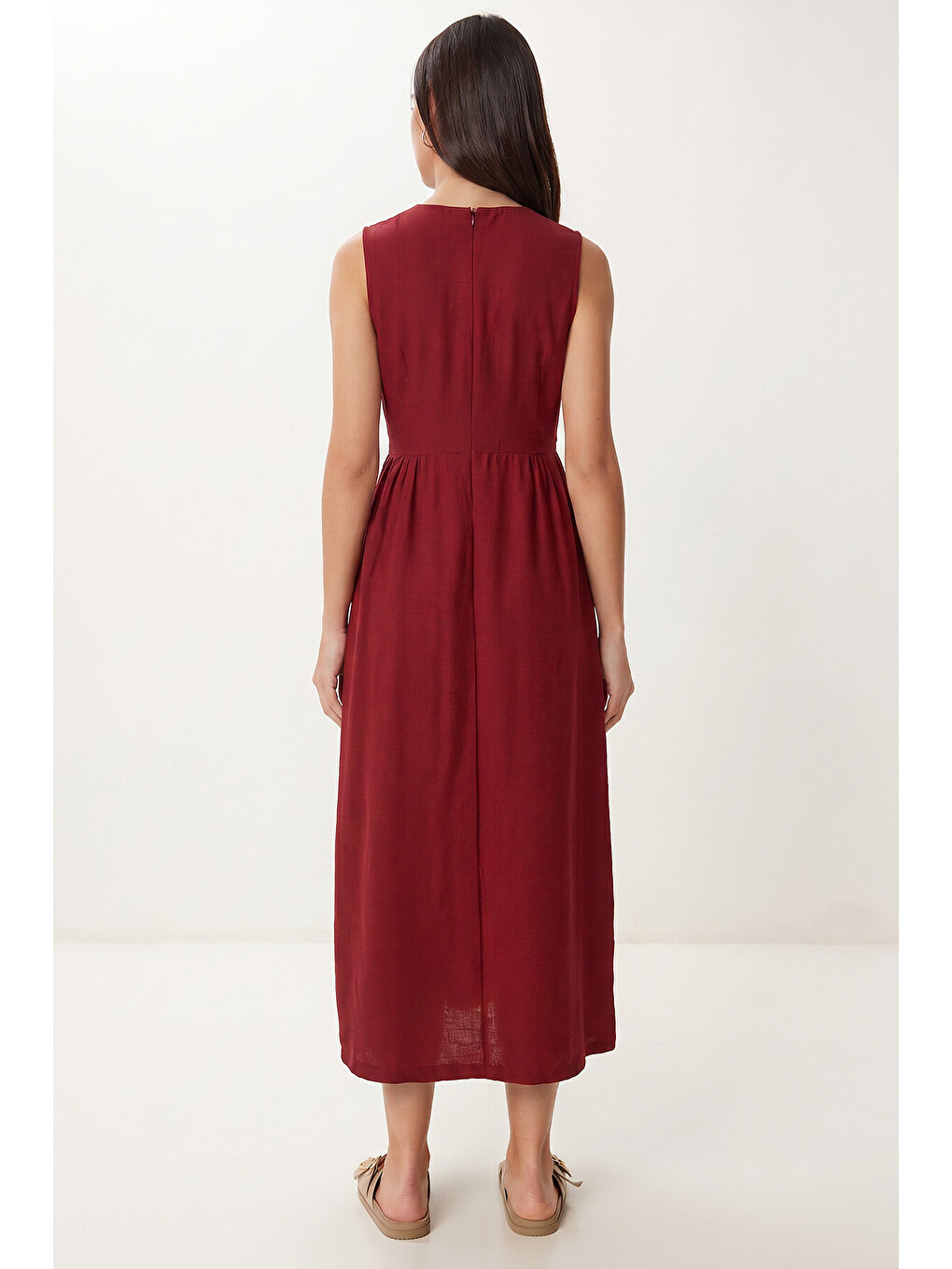 Bordo Kolsuz Midi Keten Gömlek Elbise BORDO LGX0014-4