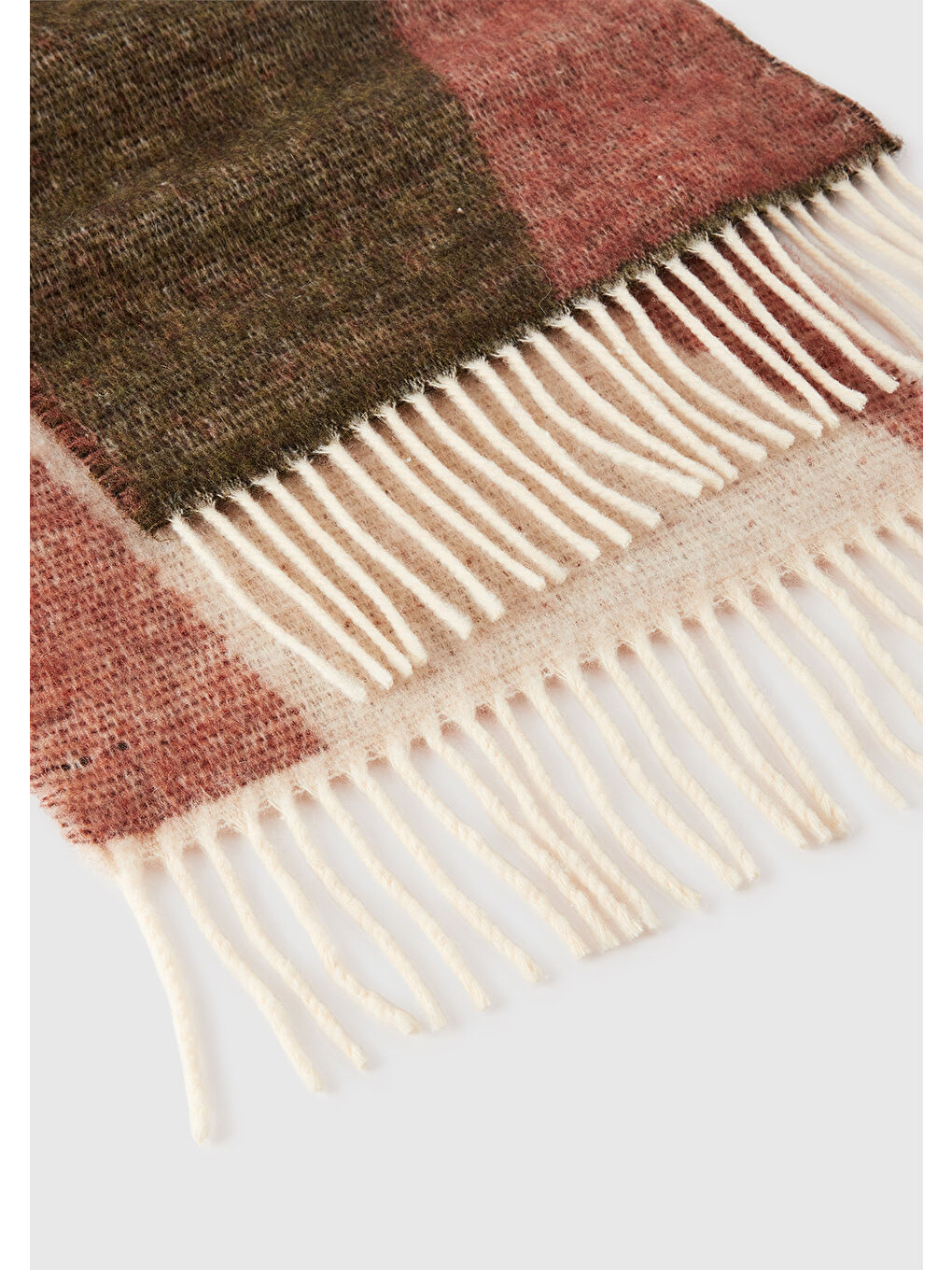 Kadın Haki Akrilik Karışımlı Desenli Püsküllü Atkı-1