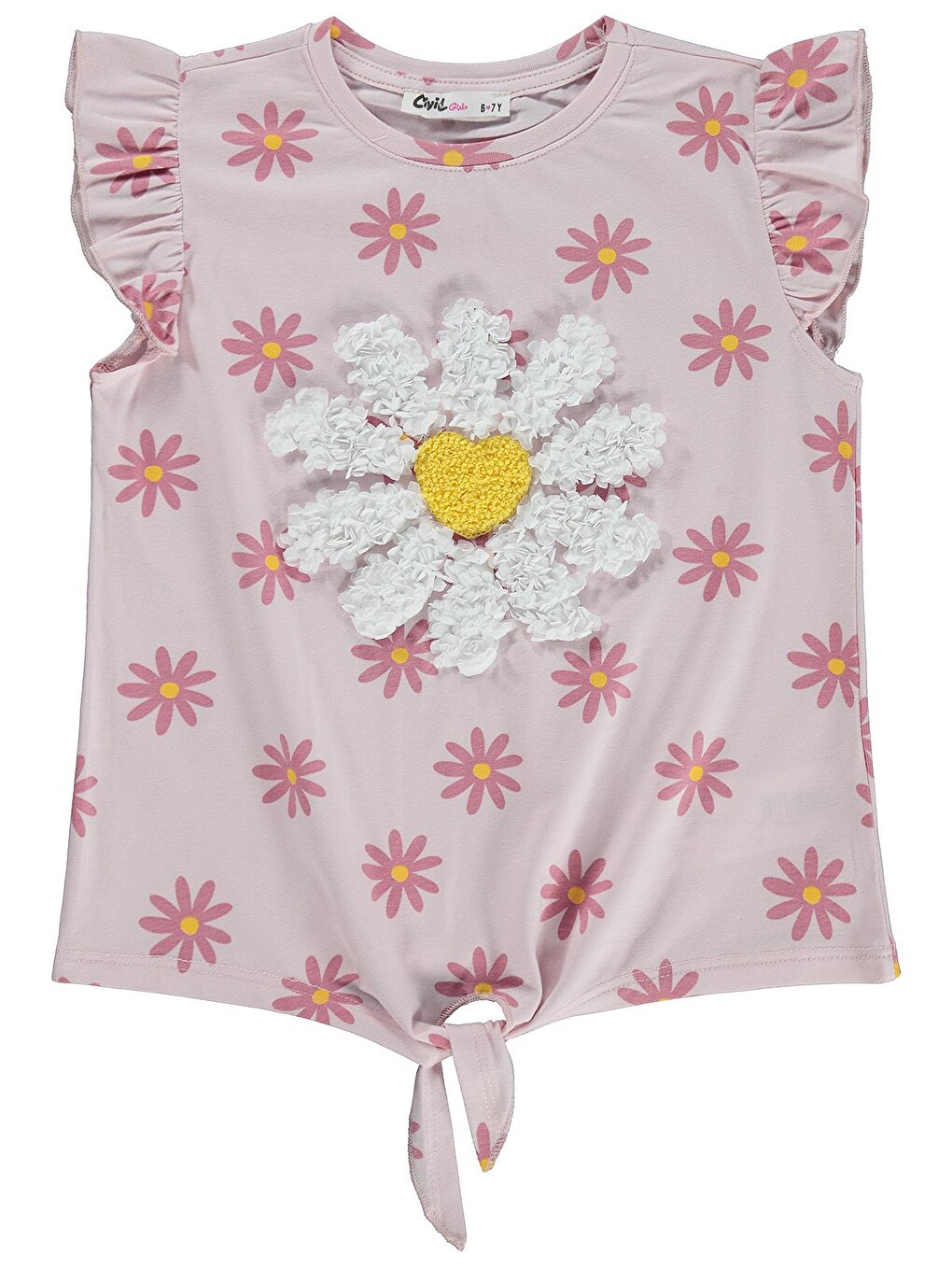 Pembe Girls Papatya Desenli 6-9 Yaş Tişört - Pudra