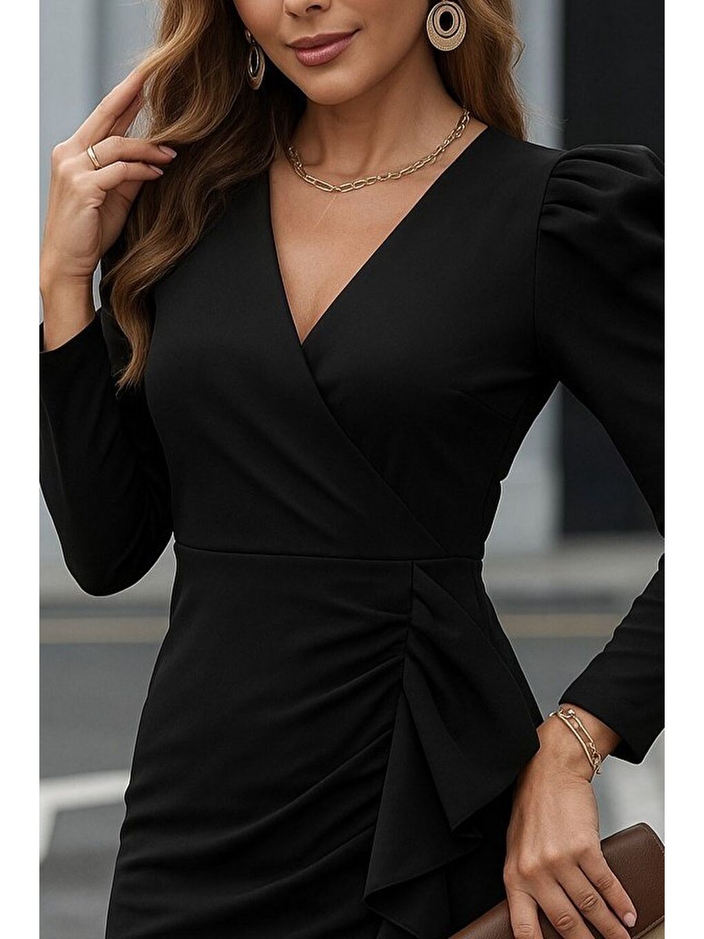 Siyah Kadın Uzun Kollu Kruvaze Yaka Karpuz Kol Eteği Fırfır Detay Krep Mini Elbise-1