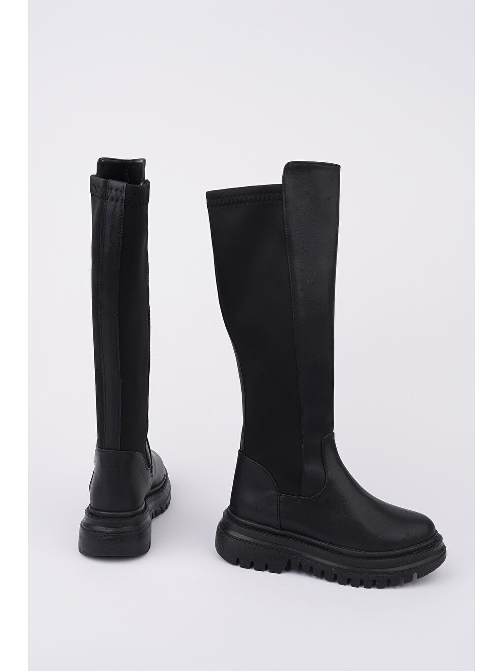 Siyah NEROX Kalın Taban Streç Detaylı Fermuarlı Kadın Çizme-5