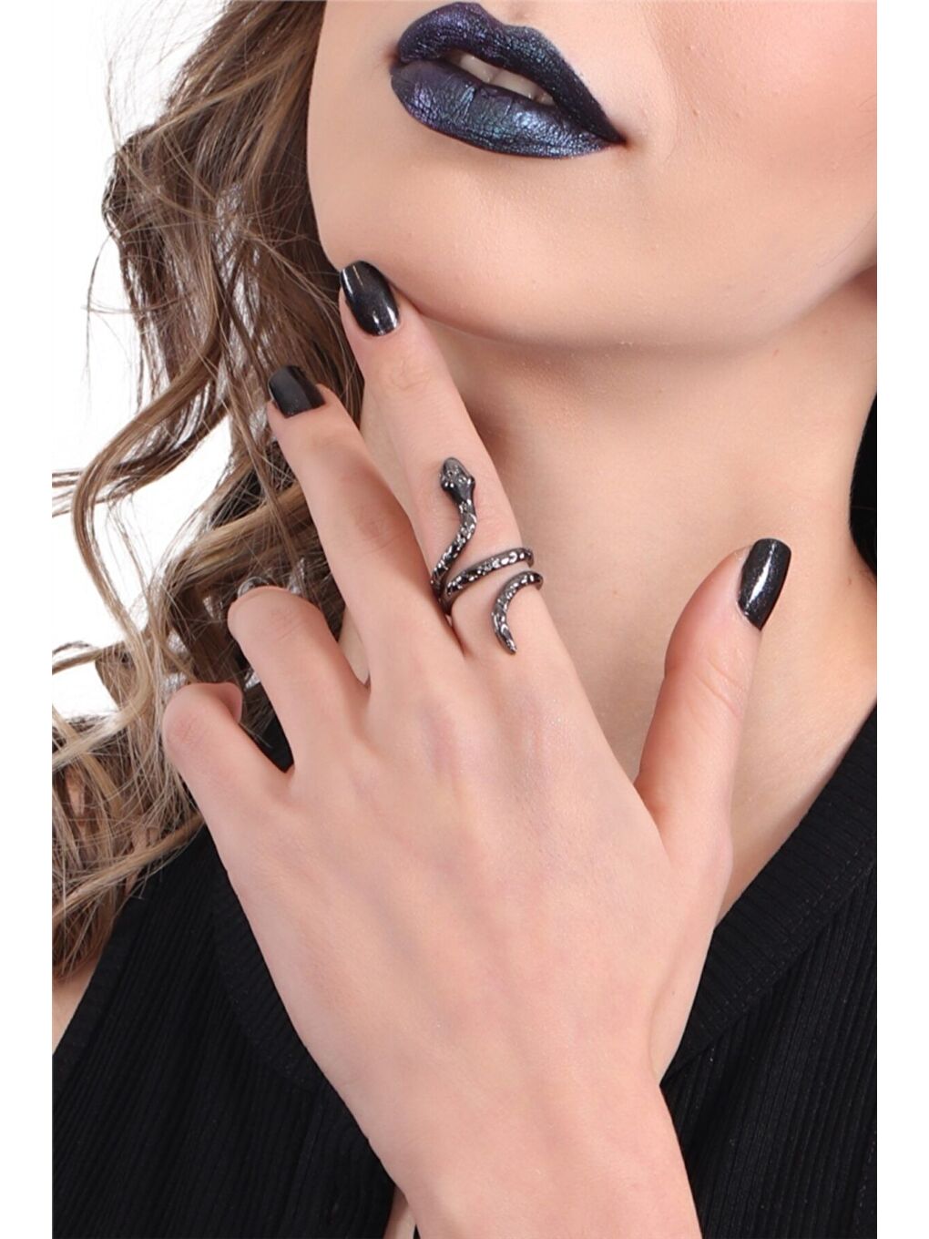 Kadın Metalik Antrasit Lak Kaplama Ayarlanabilir Baskılı Yılan Formlu Yüzük-2