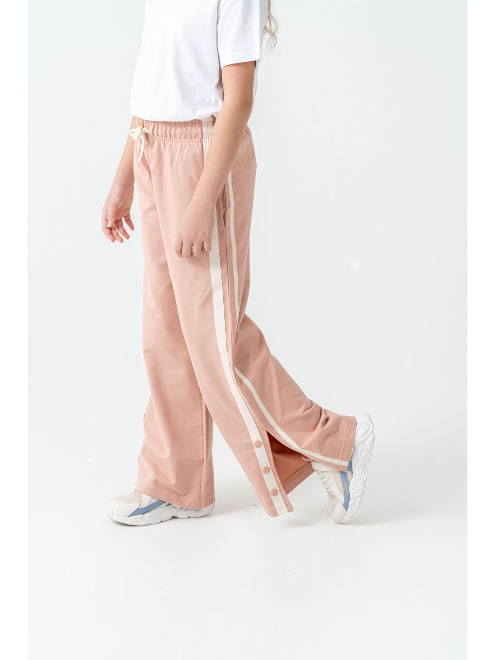 Pembe Yanlar Grogren Şeritli Paçalar Çıtçıtlı Kız Çocuk Eşofman Alt-1