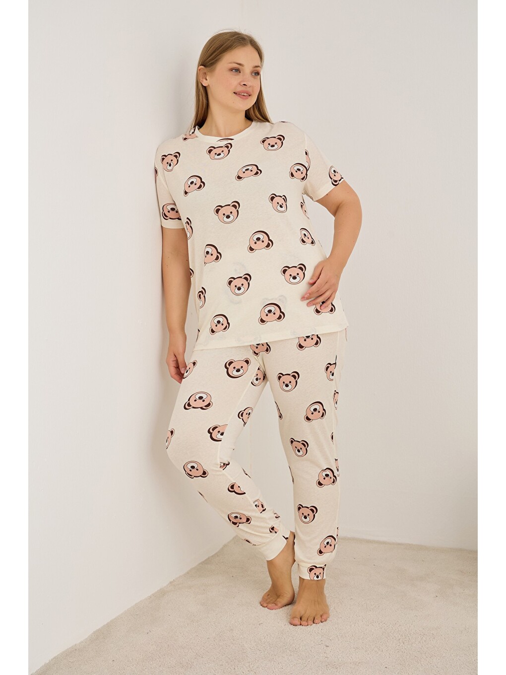 Ekru Curve Büyük Beden Battal Boy Örme Pamuklu Pijama Takımı7913-1