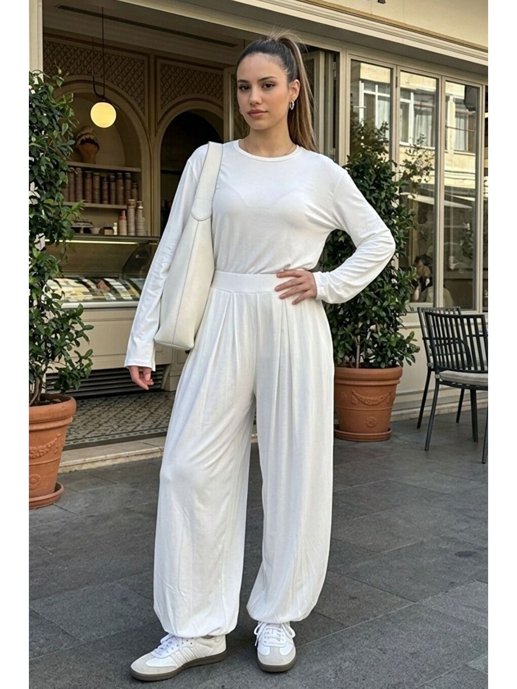 Ekru Elastanlı Modal Şalvar Takım Mg2784-1