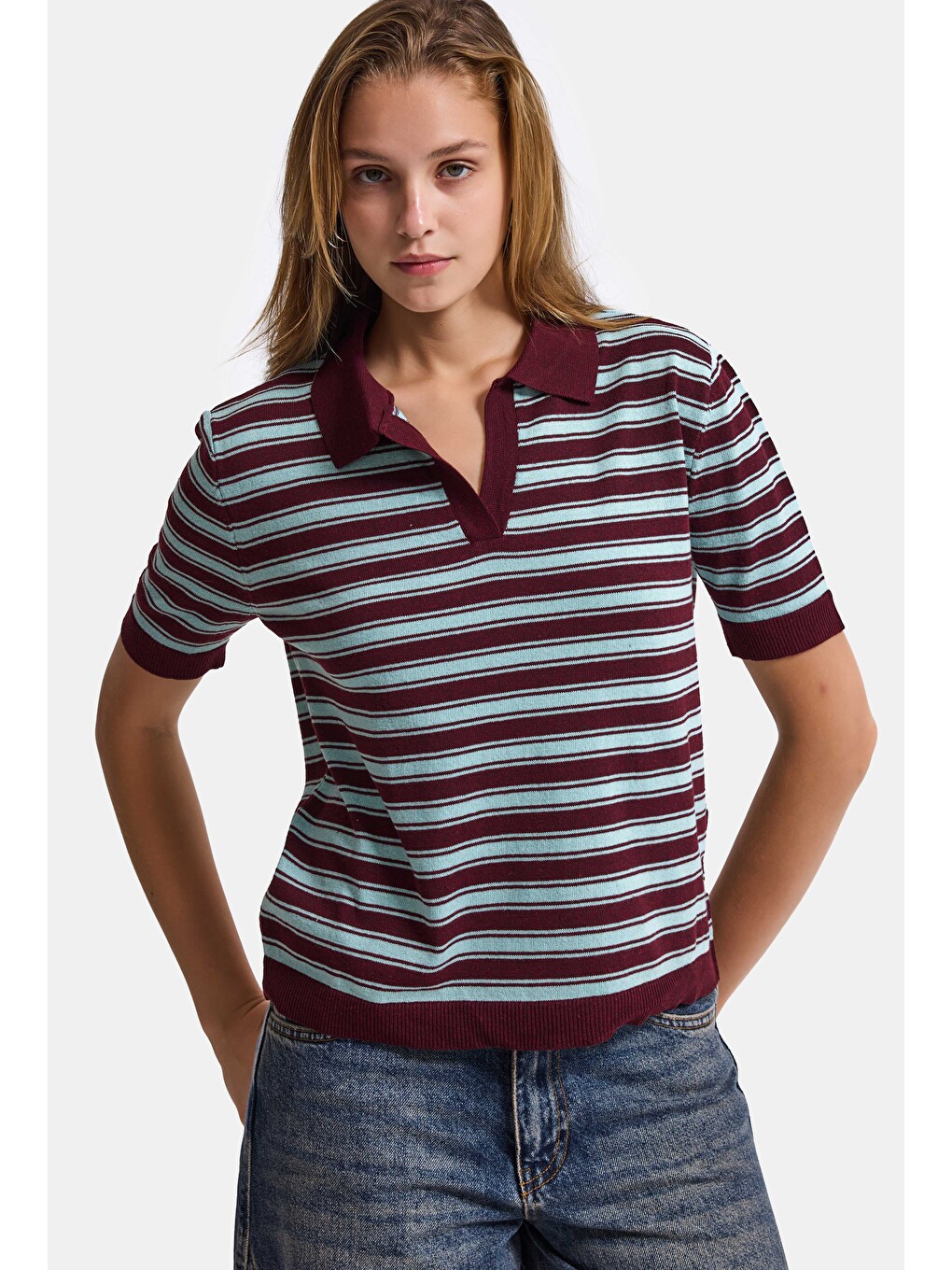 Kadın Bordo Çizgili W6-35 Oversize Polo Yaka Triko-6