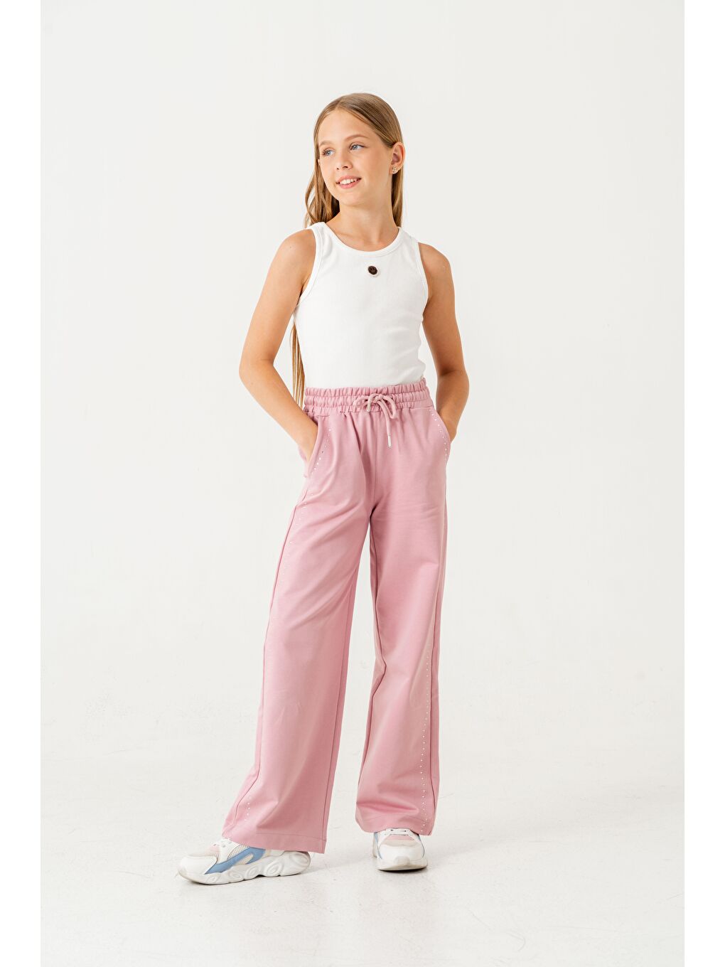 Pembe Sağ Sol Taş Baskılı Geniş Paçalı Kız Çocuk Eşofman Altı