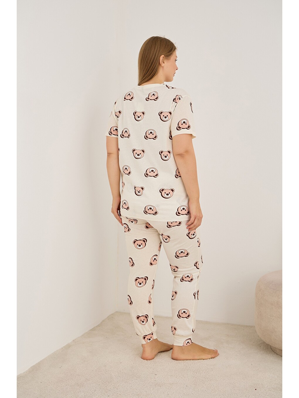 Ekru Curve Büyük Beden Battal Boy Örme Pamuklu Pijama Takımı7913-2