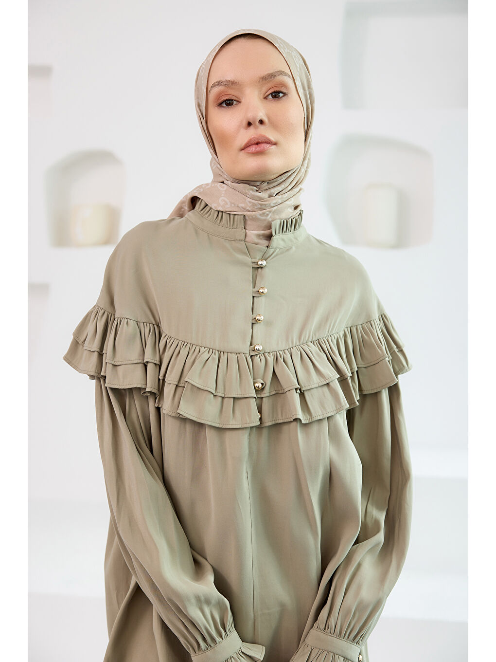 Locco Moda Kadın Robası Fırfırlı Cupra Lyocell Gömlek Küf Yeşil - 2