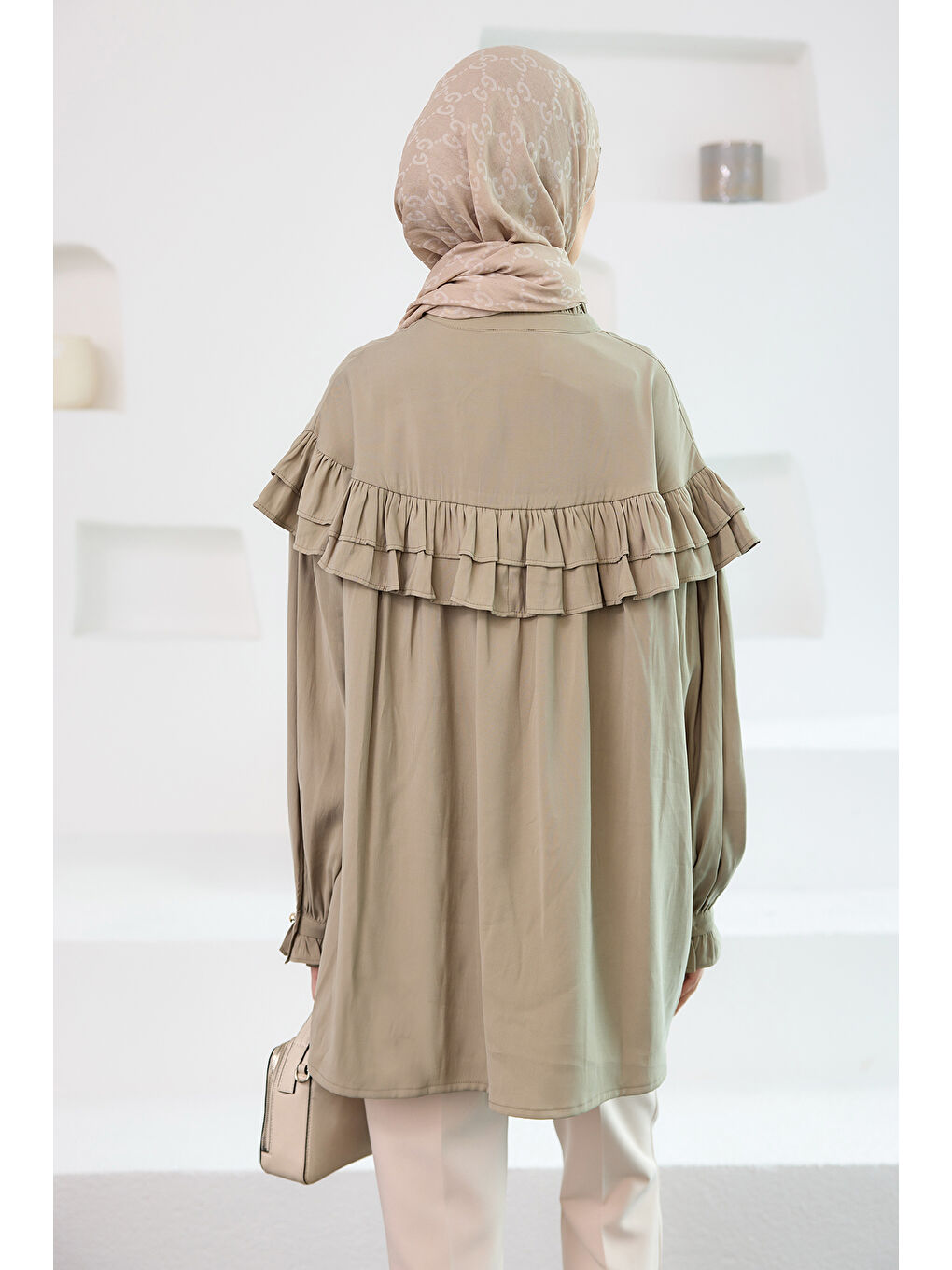 Locco Moda Kadın Robası Fırfırlı Cupra Lyocell Gömlek Küf Yeşil - 4