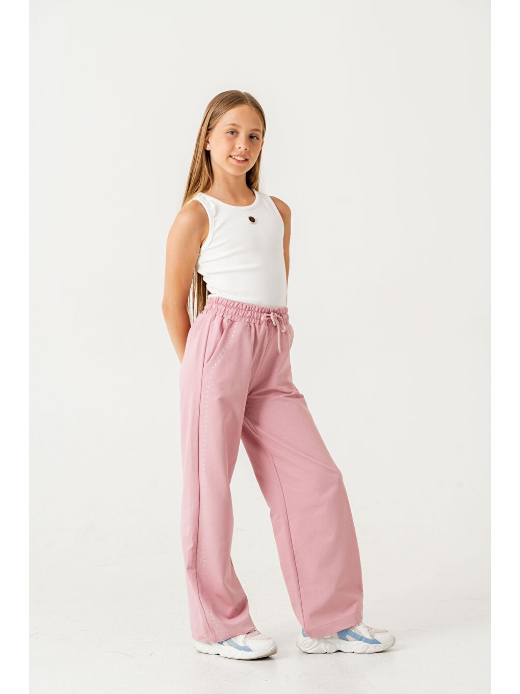 Pembe Sağ Sol Taş Baskılı Geniş Paçalı Kız Çocuk Eşofman Altı-1