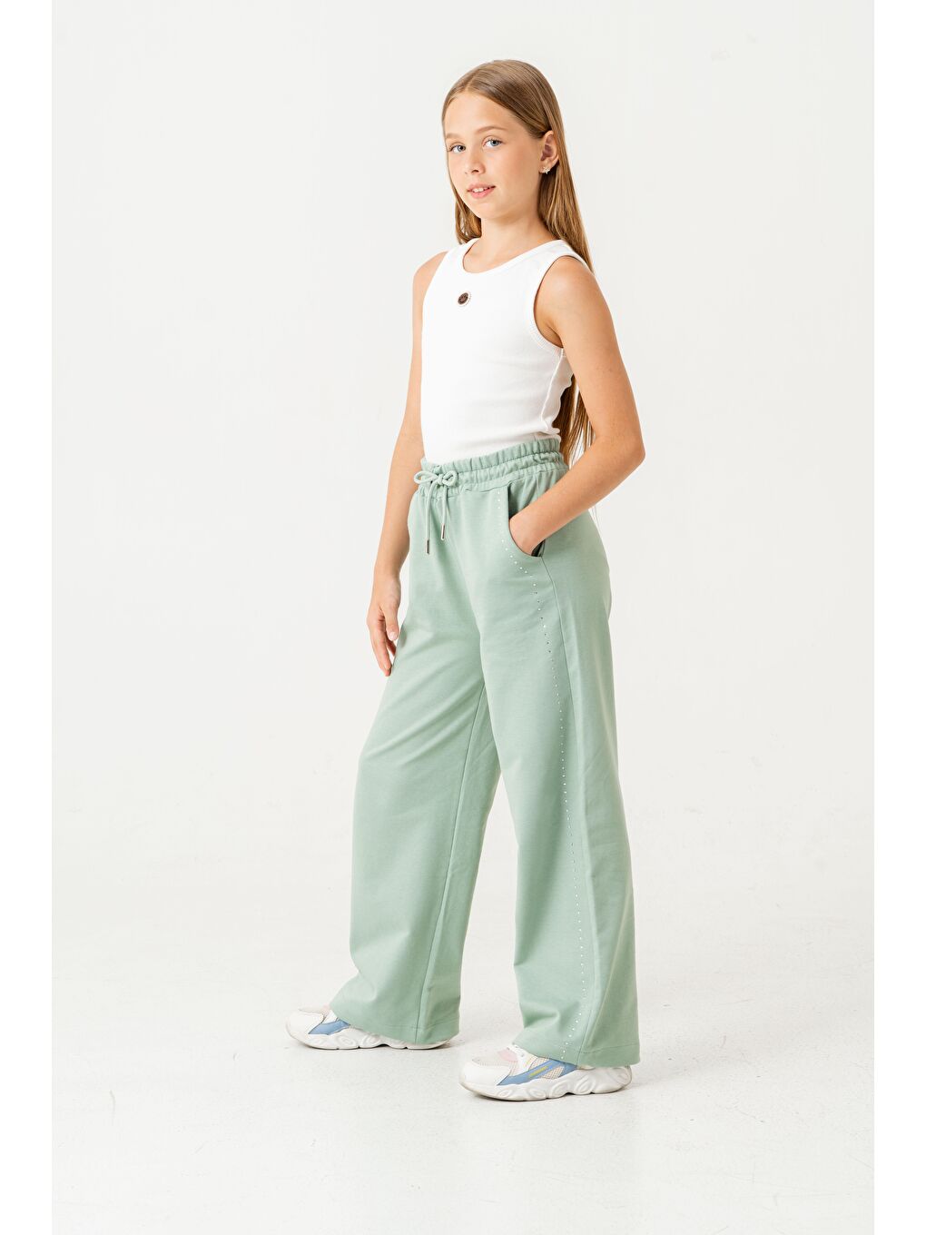 Yeşil Sağ Sol Taş Baskılı Geniş Paçalı Kız Çocuk Eşofman Altı-2