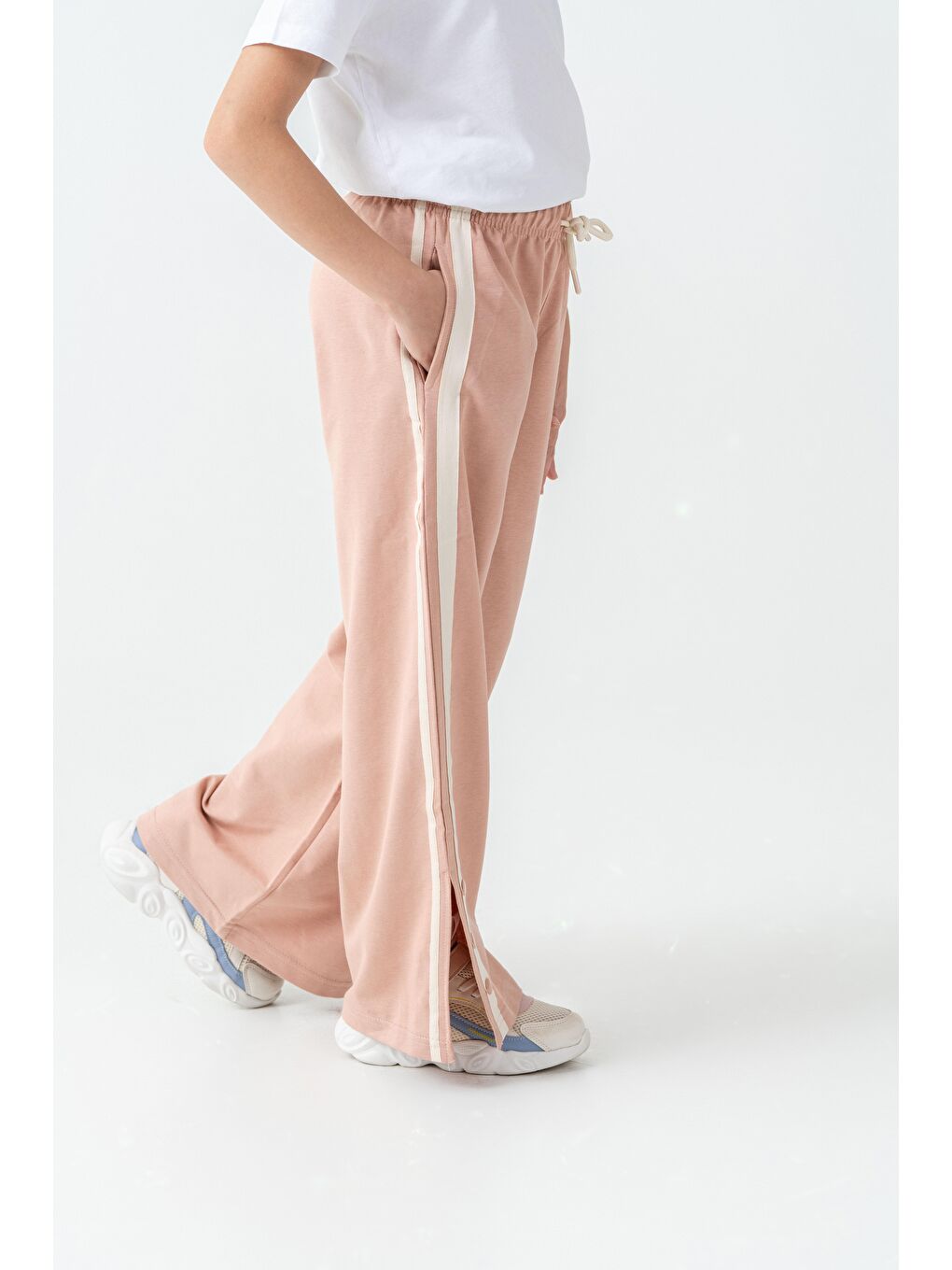 Pembe Yanlar Grogren Şeritli Paçalar Çıtçıtlı Kız Çocuk Eşofman Alt-2