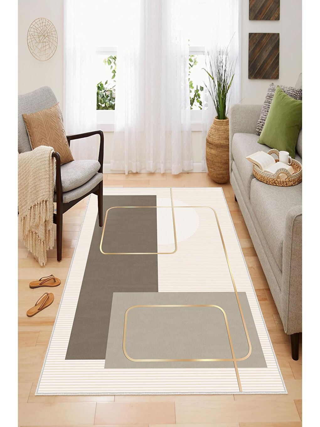 Bej Dekoratif Özel Tasarım Yıkanabilir, Modern Halı  120x180