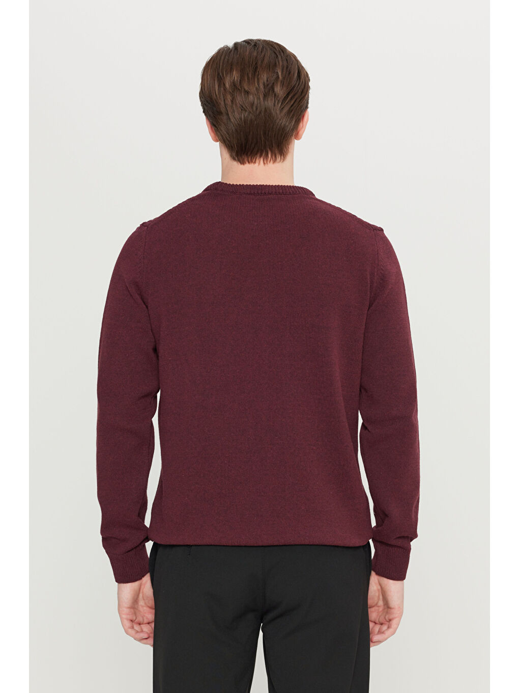 Erkek Bordo Pamuklu Standart Fit Normal Kesim Bisiklet Yaka Jakarlı Triko Kazak-4