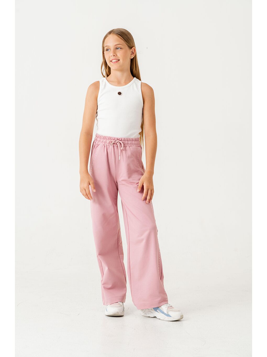 Pembe Sağ Sol Taş Baskılı Geniş Paçalı Kız Çocuk Eşofman Altı-2