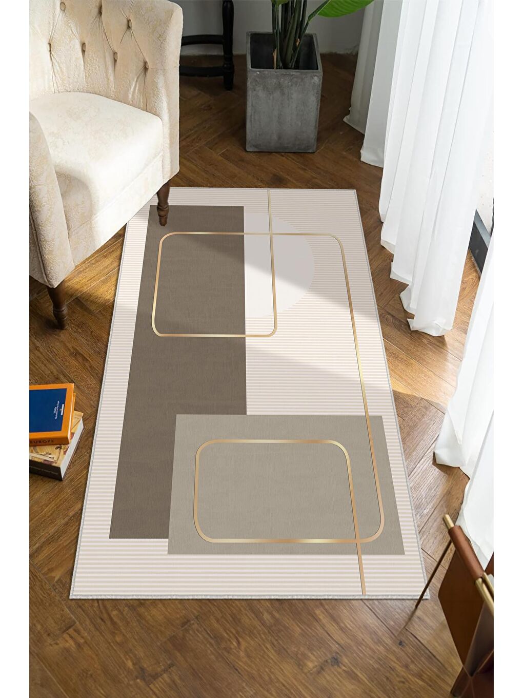 Bej Dekoratif Özel Tasarım Yıkanabilir, Modern Halı  120x180-1