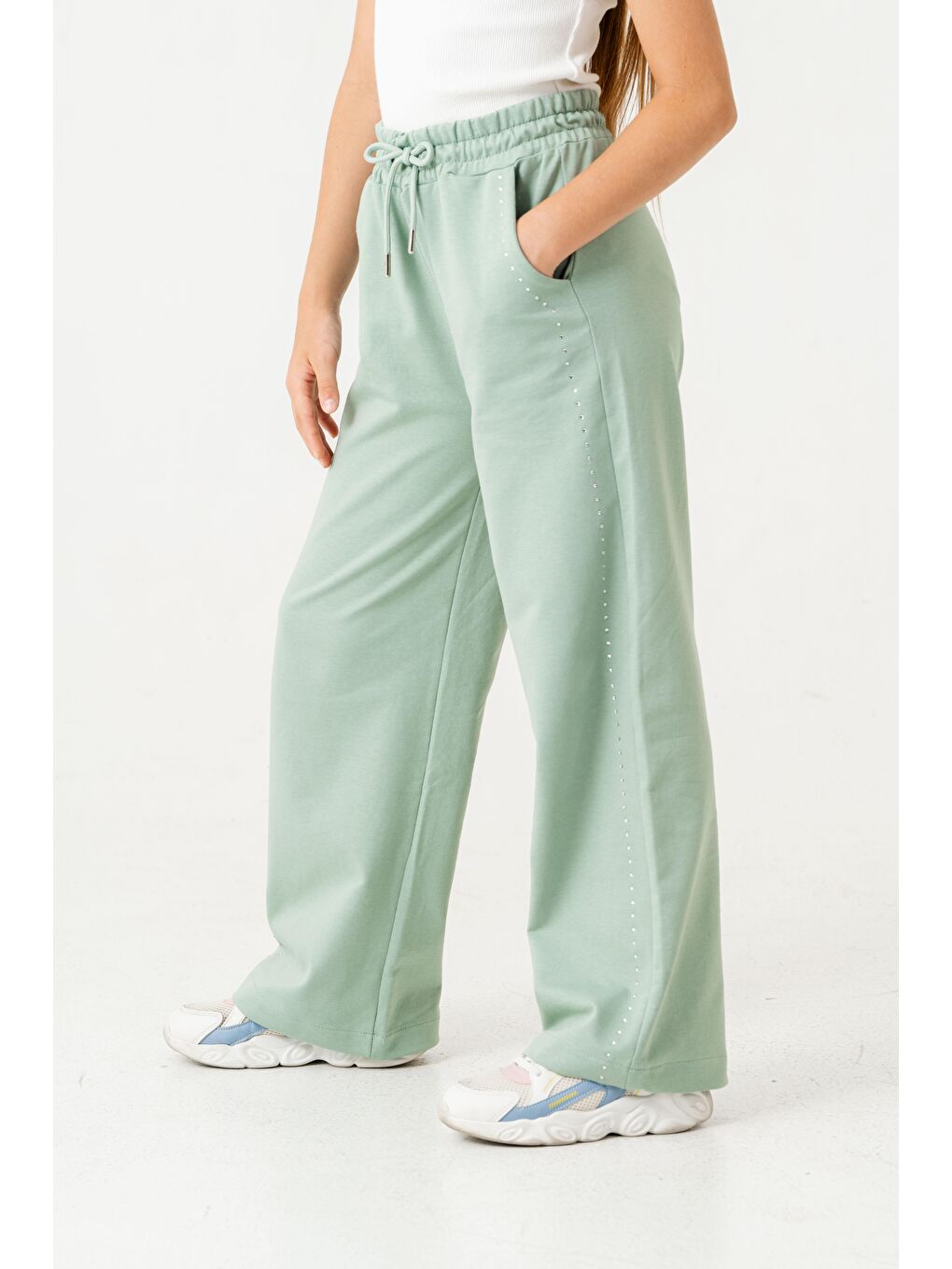 Yeşil Sağ Sol Taş Baskılı Geniş Paçalı Kız Çocuk Eşofman Altı-3