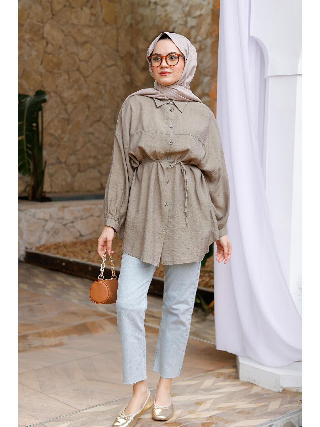 Kadın Belden Bağlamalı Gömlek  Küf Yeşil-1