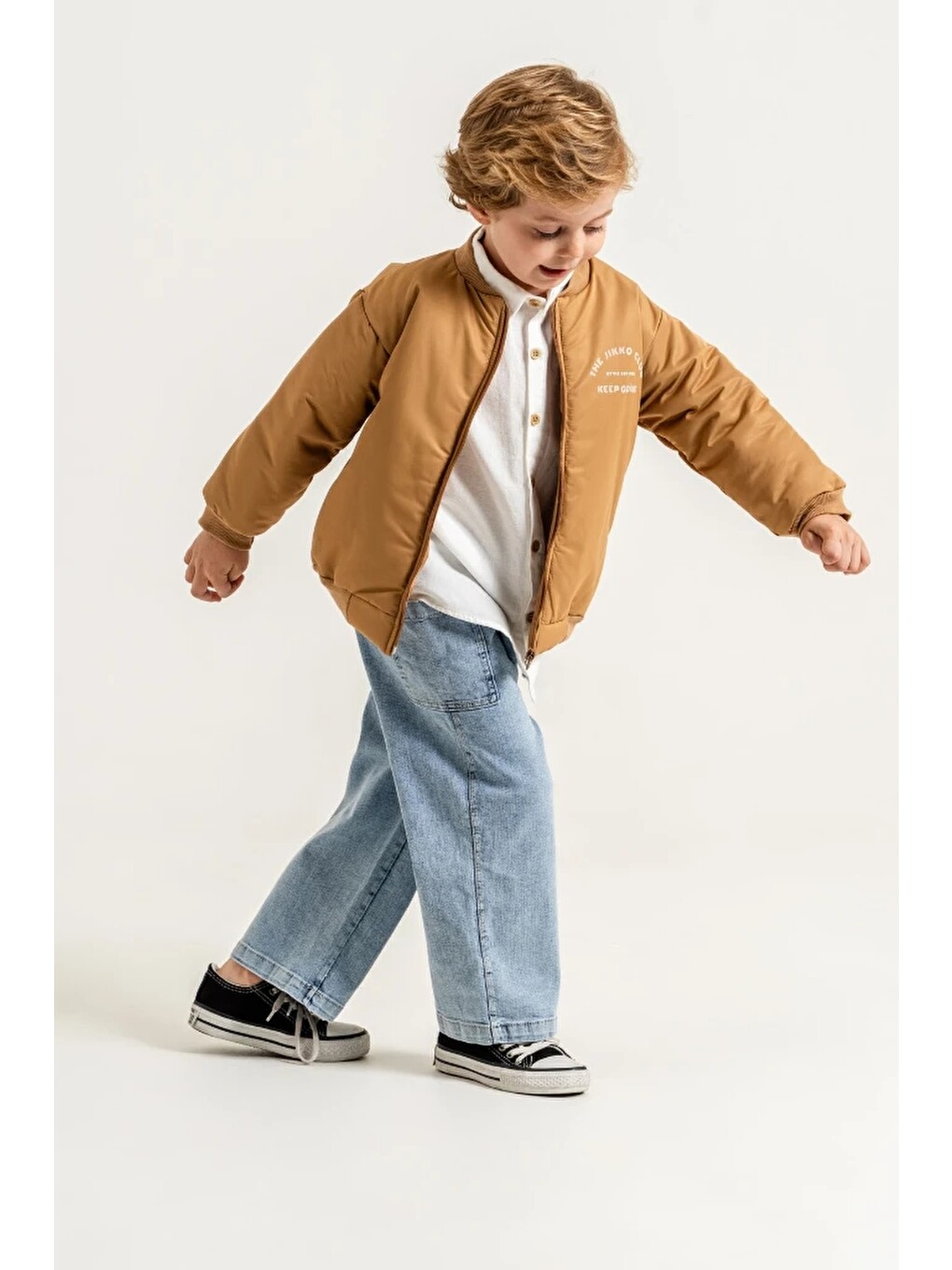 Kahverengi Erkek Çocuk Bomber Ceketli Gömlekli Bol Paça Jean Pantolon 3’lü Takım 9102-8