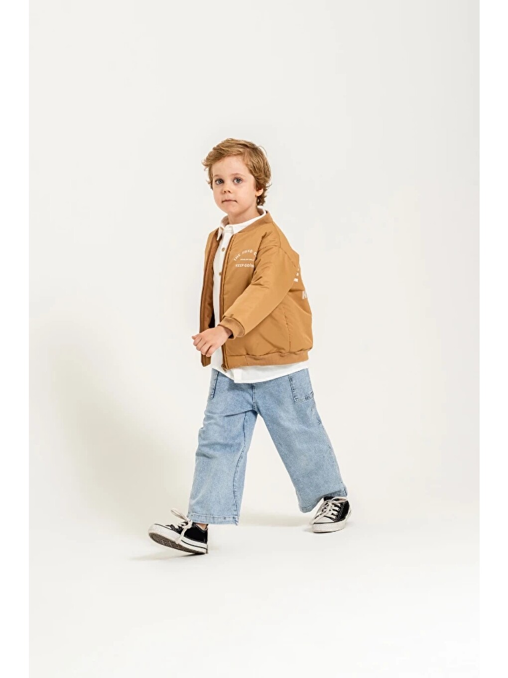 Kahverengi Erkek Çocuk Bomber Ceketli Gömlekli Bol Paça Jean Pantolon 3’lü Takım 9102-9