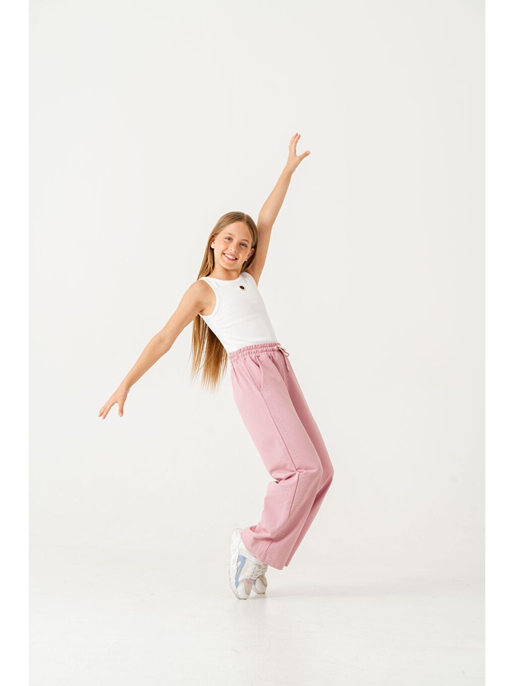 Pembe Sağ Sol Taş Baskılı Geniş Paçalı Kız Çocuk Eşofman Altı-3