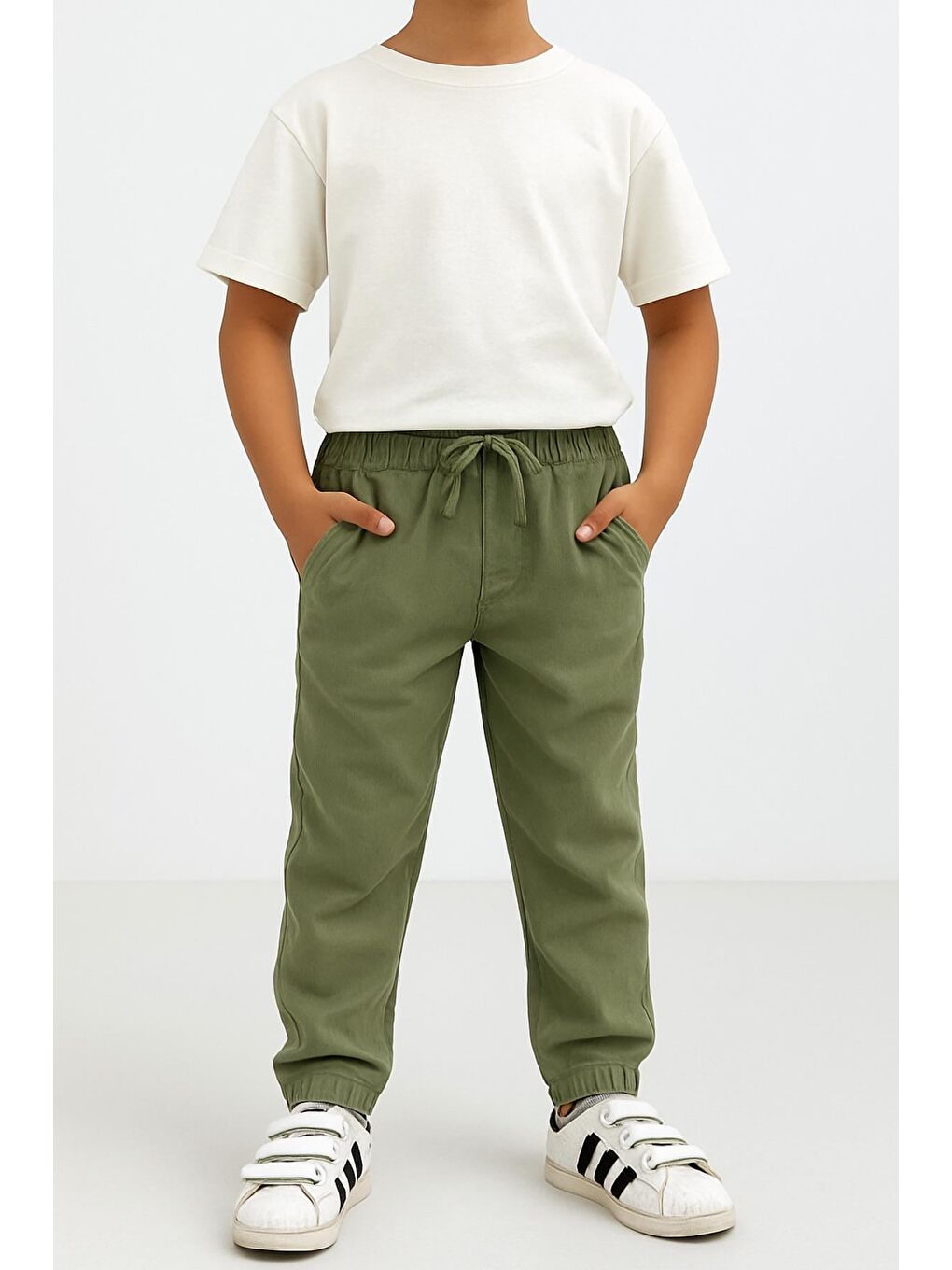 Yeşil Erkek Çocuk Jogger Pantolon Keten Görünümlü Cepli Günlük Rahat Fit