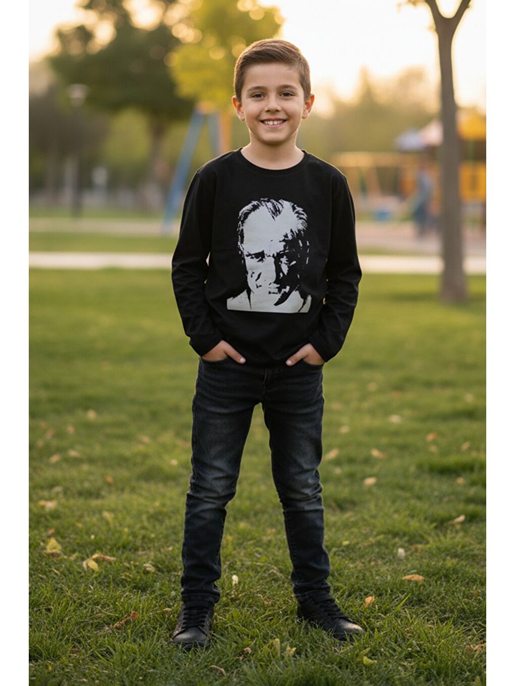 Siyah Atatürk Baskılı Uzun Kollu Unisex Çocuk Body