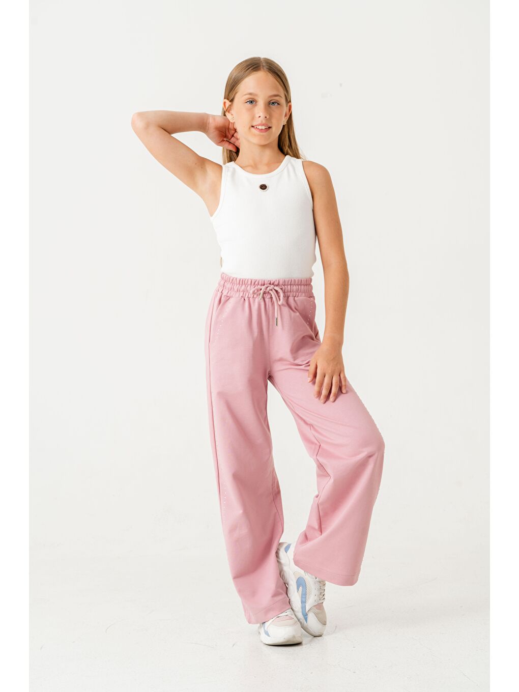 Pembe Sağ Sol Taş Baskılı Geniş Paçalı Kız Çocuk Eşofman Altı-4