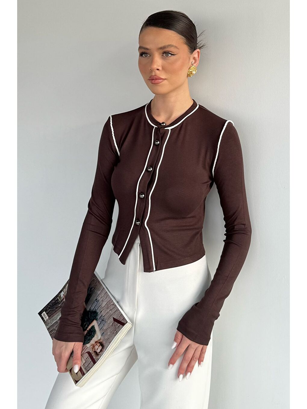 Kahverengi Kadın Biyeli Elastanlı Hırka-1