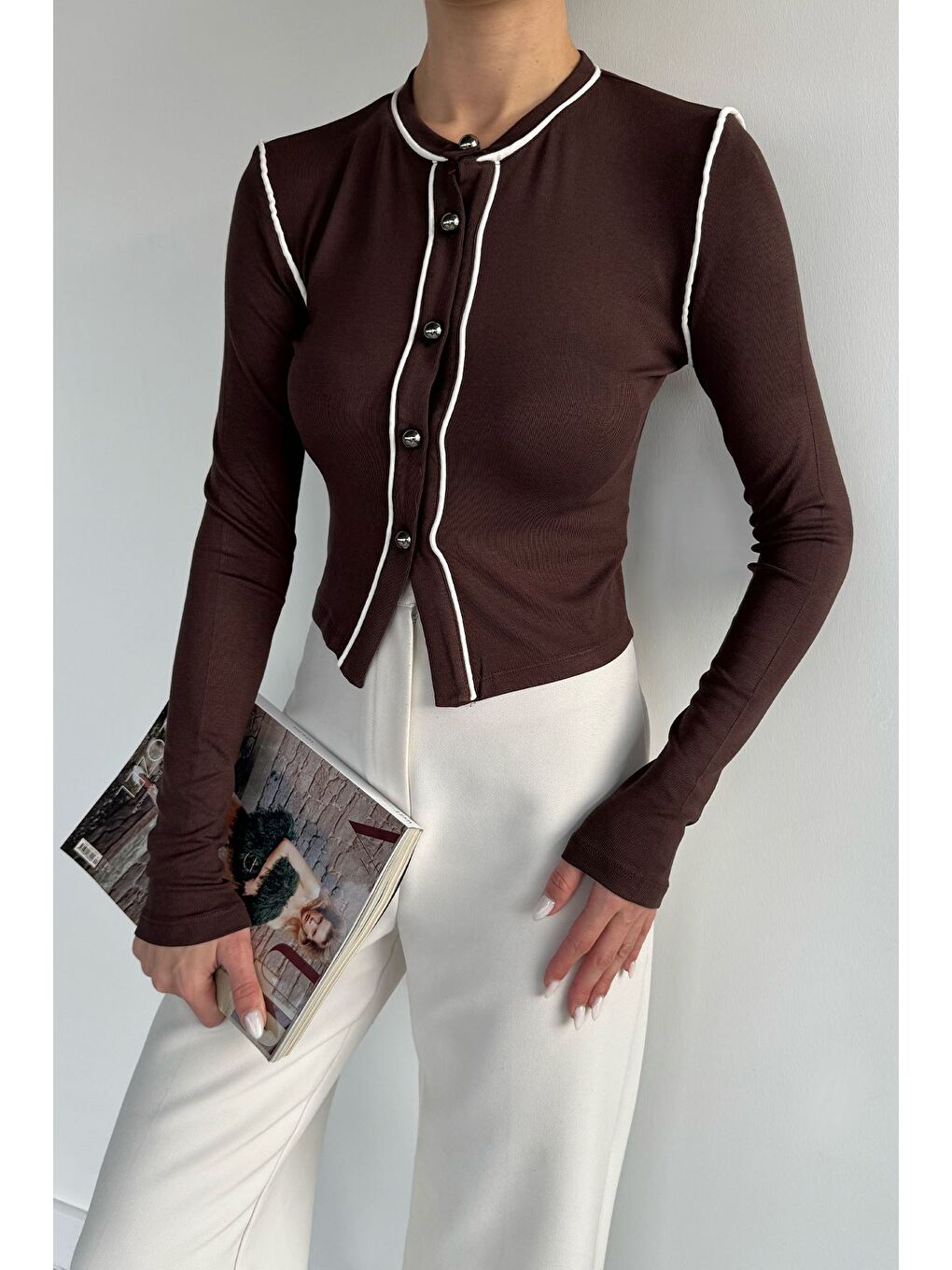 Kahverengi Kadın Biyeli Elastanlı Hırka-2