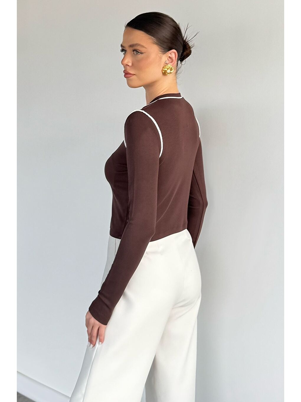 Kahverengi Kadın Biyeli Elastanlı Hırka-3