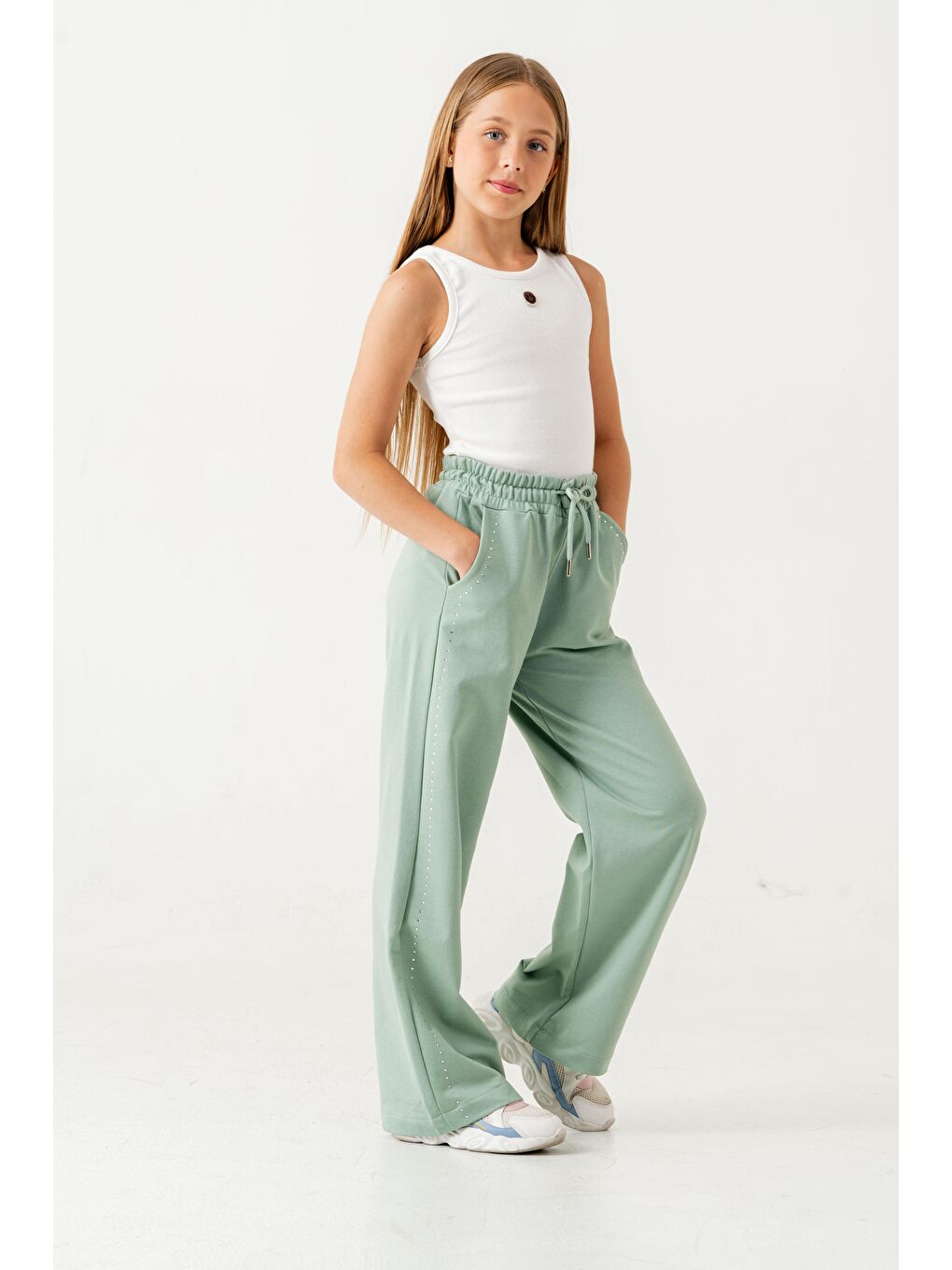 Yeşil Sağ Sol Taş Baskılı Geniş Paçalı Kız Çocuk Eşofman Altı-4