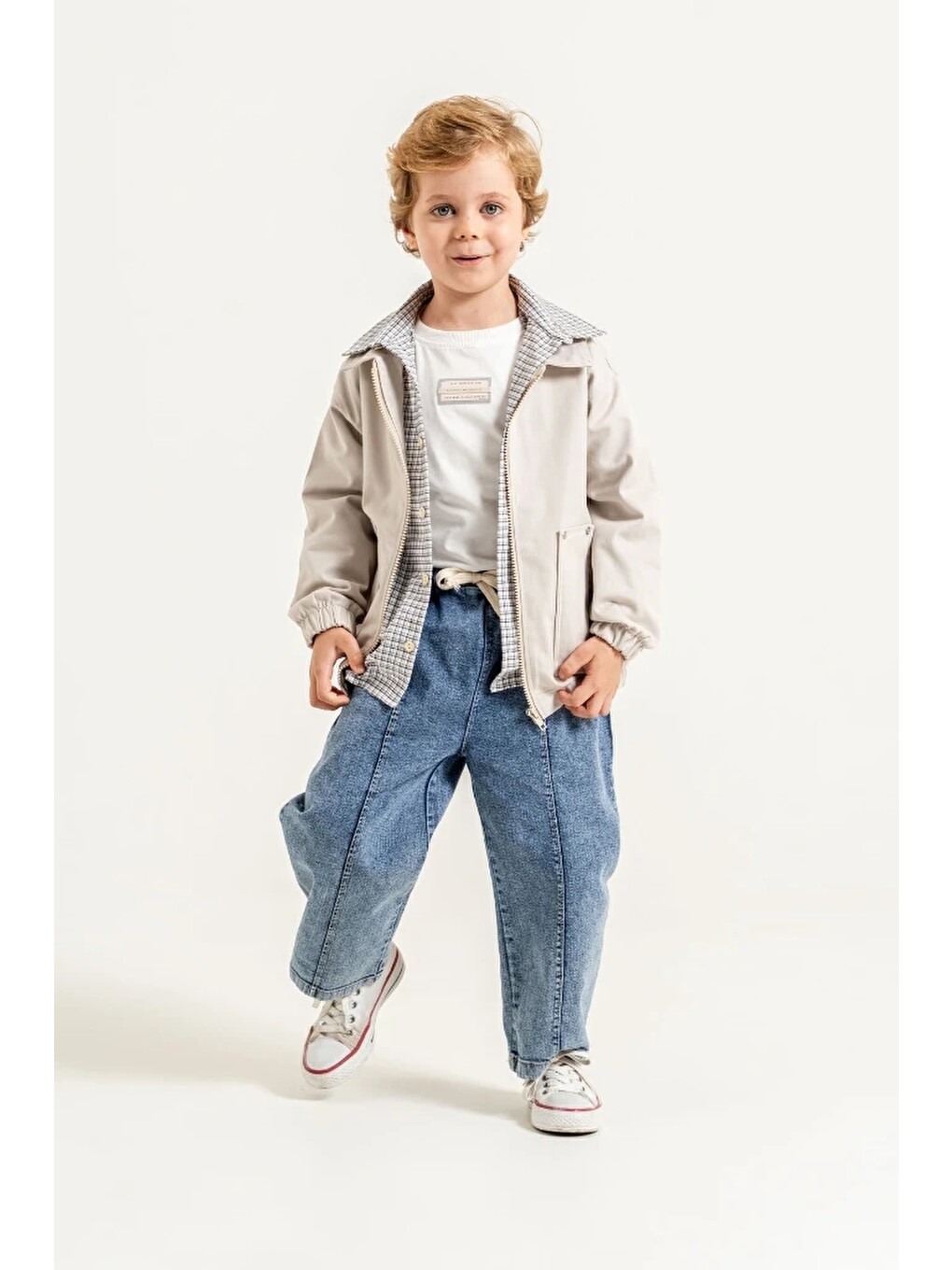 Bej Erkek Çocuk Gabardin Bomber Ceket, Ekose Gömlek, Tişört Ve Jean Pantolon 4’lü Takım 9100-3