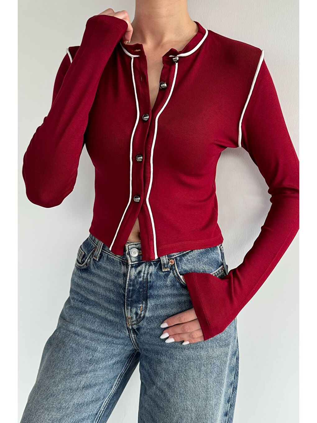 Bordo Kadın Biyeli Elastanlı Hırka-1