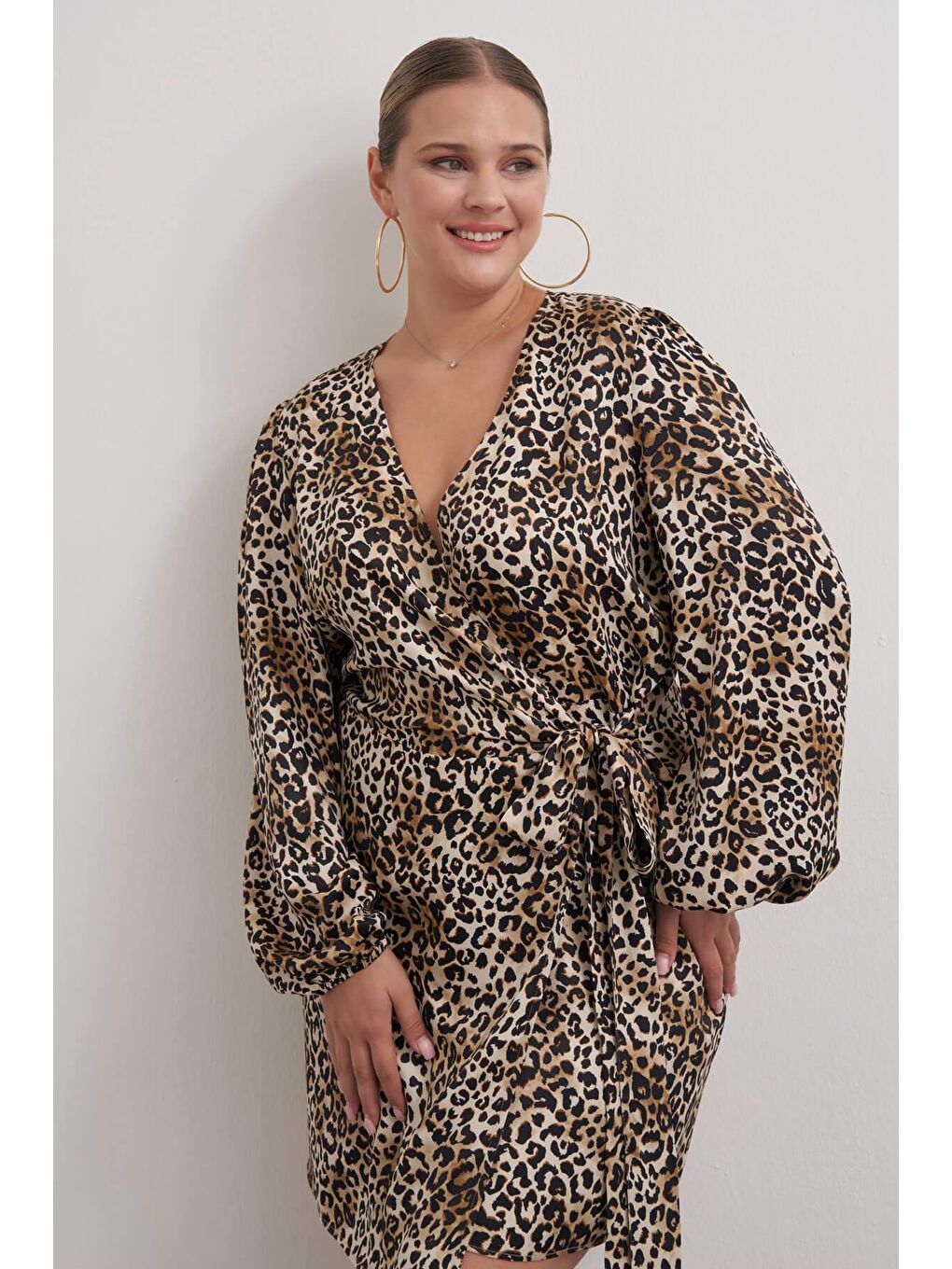 Kahverengi Beli Kuşaklı Leopar Elbise-2