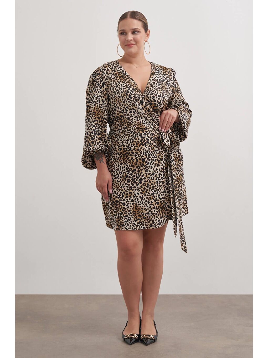 Kahverengi Beli Kuşaklı Leopar Elbise-3
