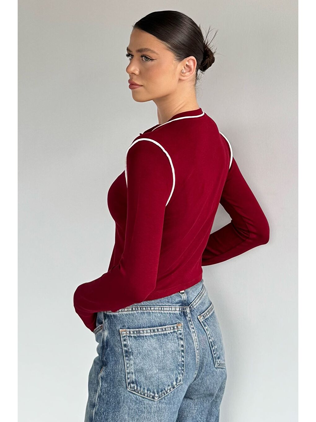Bordo Kadın Biyeli Elastanlı Hırka-3