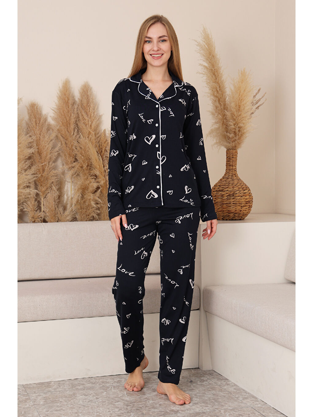 Lacivert Kadın %100 Pamuk Milan Soft Kumaş Pijama Takımı 12423