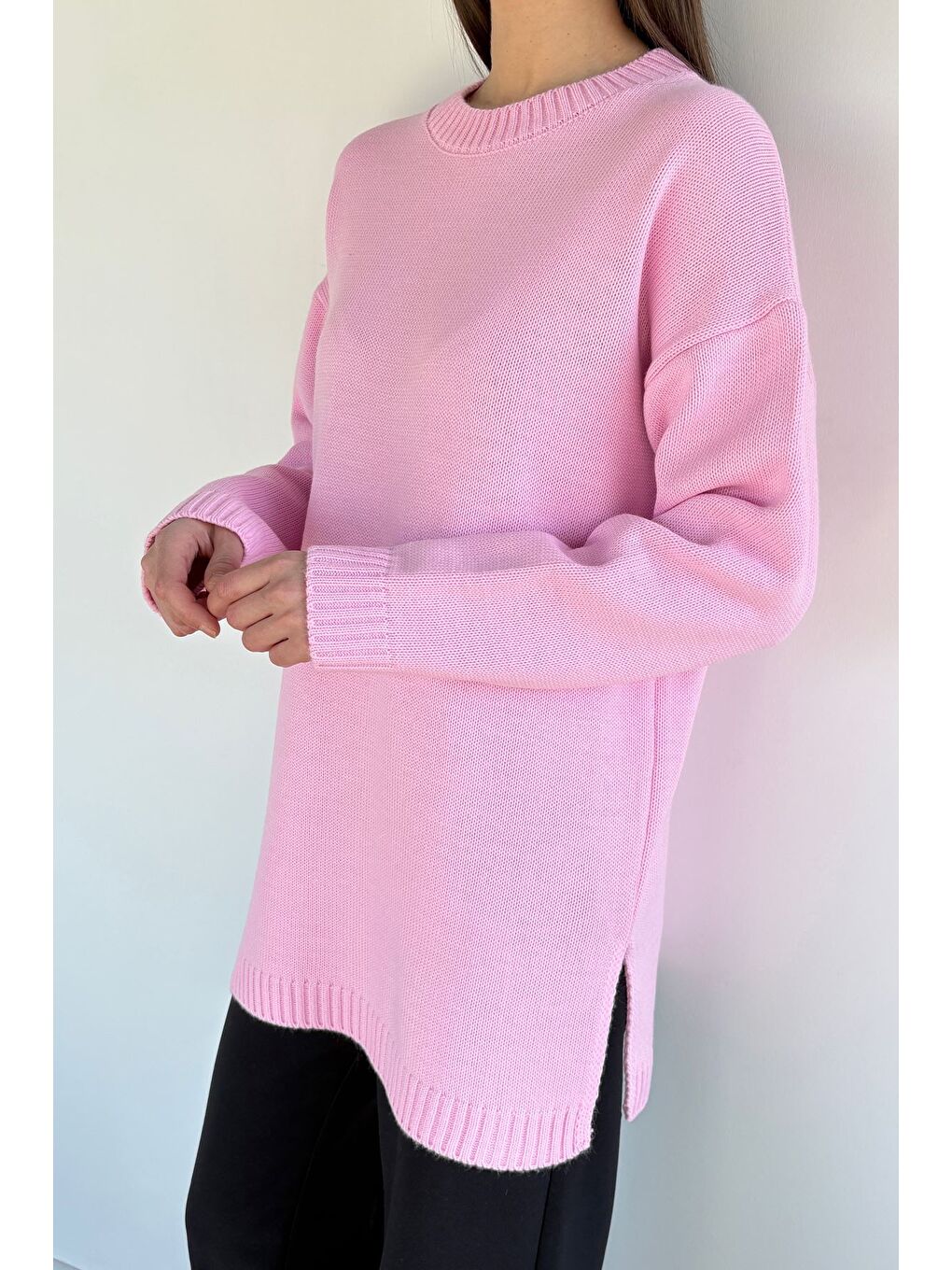 Pembe Kadın Bisiklet Yaka Yırtmaçlı Triko Tunik