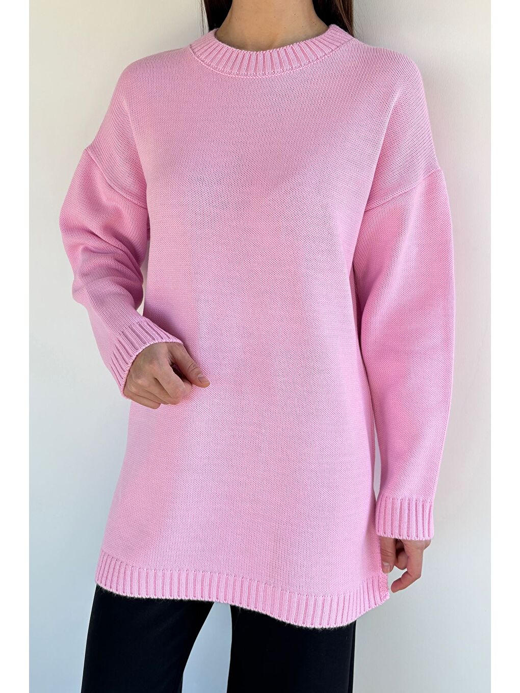 Pembe Kadın Bisiklet Yaka Yırtmaçlı Triko Tunik-1