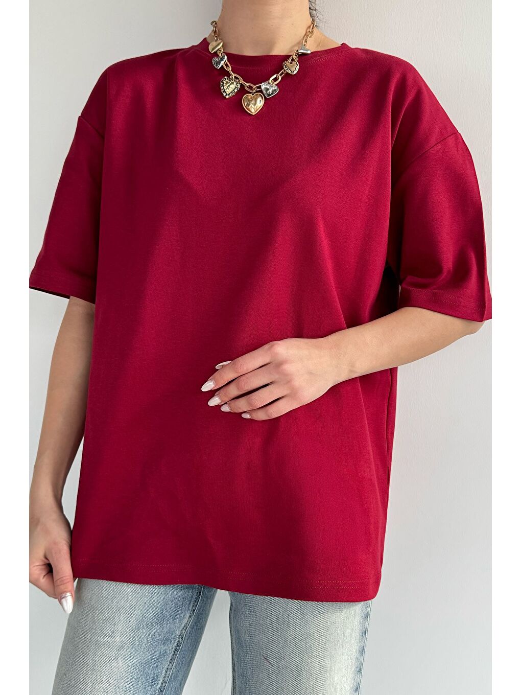 Bordo Kadın Bisiklet Yaka Oversize Basic Tişört-1