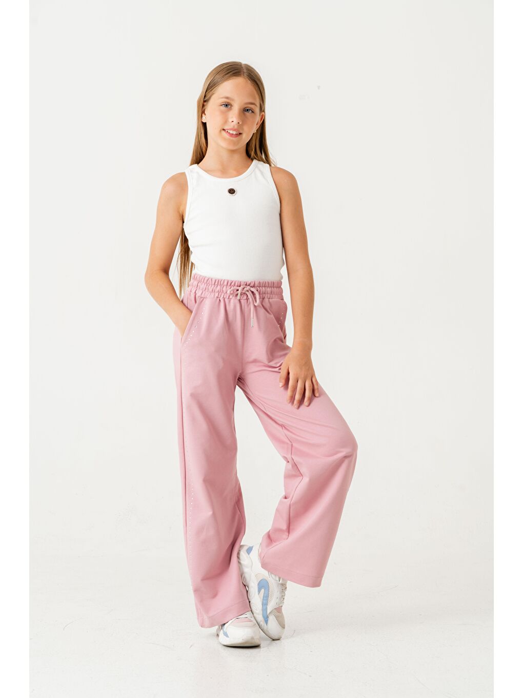 Pembe Sağ Sol Taş Baskılı Geniş Paçalı Kız Çocuk Eşofman Altı-5