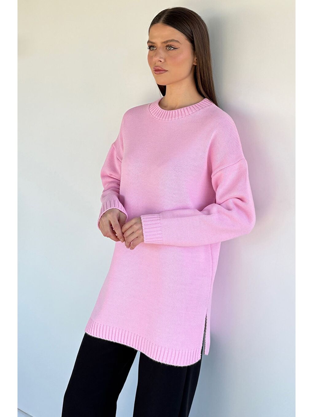 Pembe Kadın Bisiklet Yaka Yırtmaçlı Triko Tunik-2