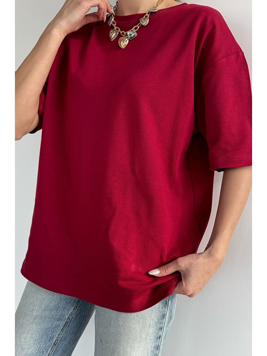 Bordo Kadın Bisiklet Yaka Oversize Basic Tişört-2