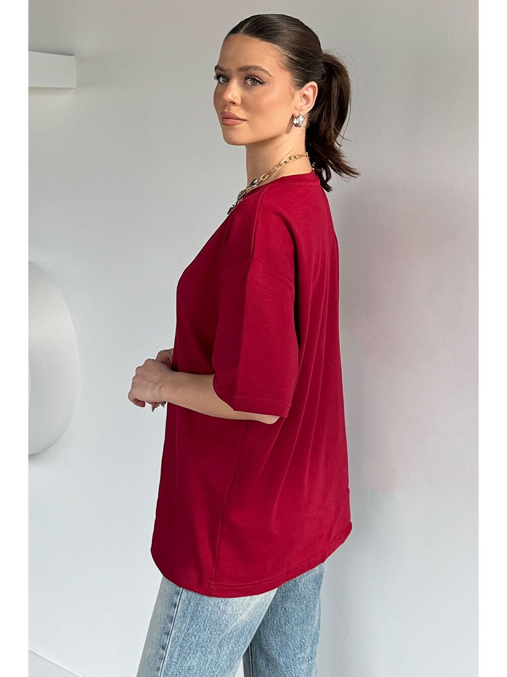 Bordo Kadın Bisiklet Yaka Oversize Basic Tişört-3