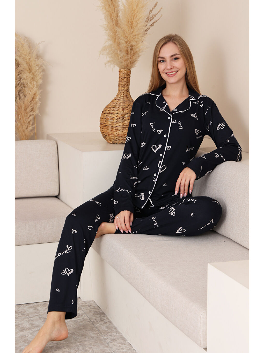 Lacivert Kadın %100 Pamuk Milan Soft Kumaş Pijama Takımı 12423-1